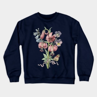 Lily Flower Bouquet with Butterfly Vintage Botanical Illustration Crewneck Sweatshirt